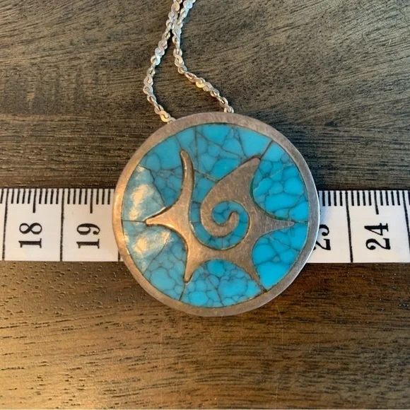 Sterling Silver Necklace Crushed Turquoise Pendant Brooch Vtg Stamp 925 FJCTaxco - Picture 4 of 7